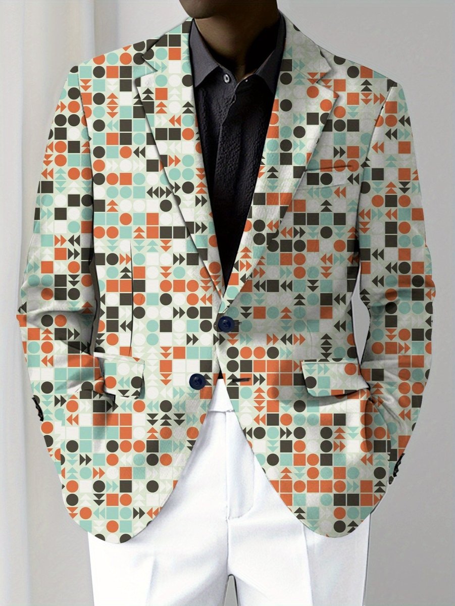 [Office Perfect] Men's Slim Fit Geometric Print Blazer - Stylish Casual Suit Jacket with Buttoned Lapels, Vibrant Abstract Pattern in Orange, Green & Blue, Lightweight Polyester Fabric for Business or Formal Occasions - SHOWLU FASHION STORE