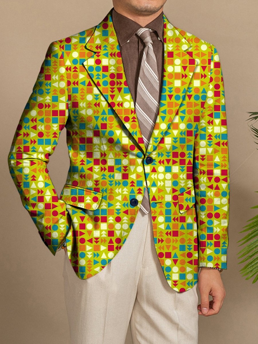 Men's SHOWLU FASHION slim fit blazer with vibrant geometric print, buttoned lapels, lightweight polyester fabric, ideal for office or casual wear.