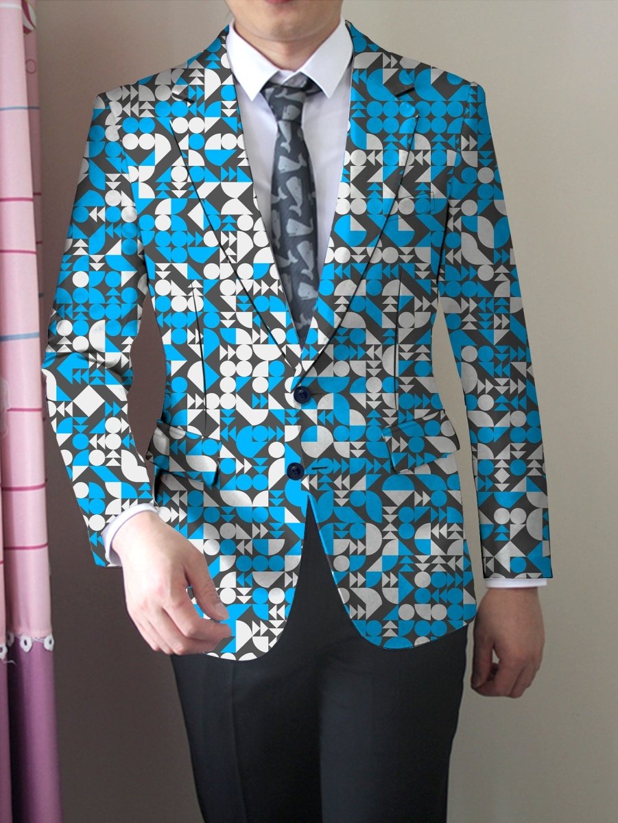 SHOWLU FASHION men's slim fit blazer with vibrant geometric print, featuring buttoned lapels and lightweight polyester fabric.