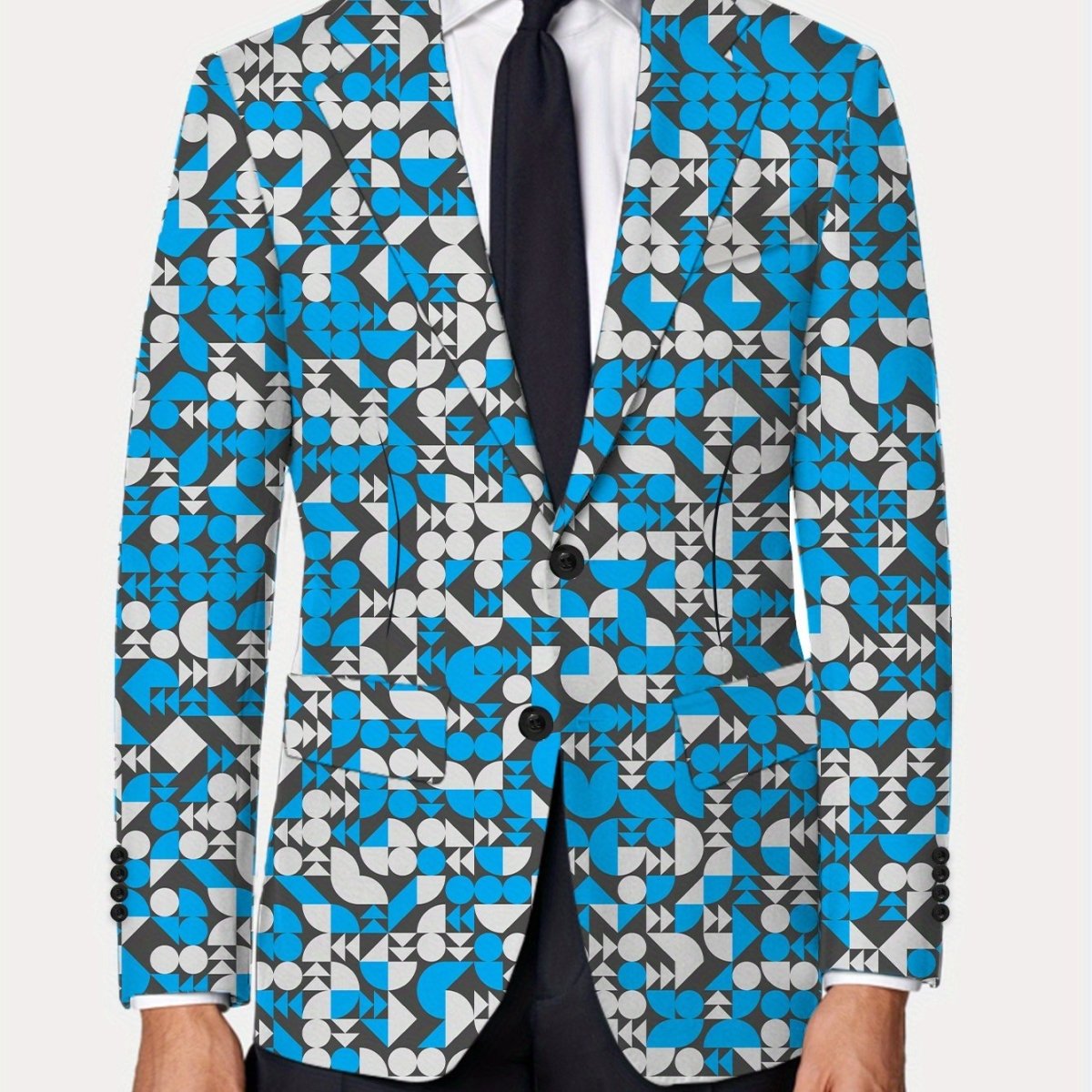 [Office Perfect] Men's Slim Fit Geometric Print Blazer - Stylish Casual Suit Jacket with Buttoned Lapels, Vibrant Abstract Pattern in Orange, Green & Blue, Lightweight Polyester Fabric for Business or Formal Occasions - SHOWLU FASHION STORE