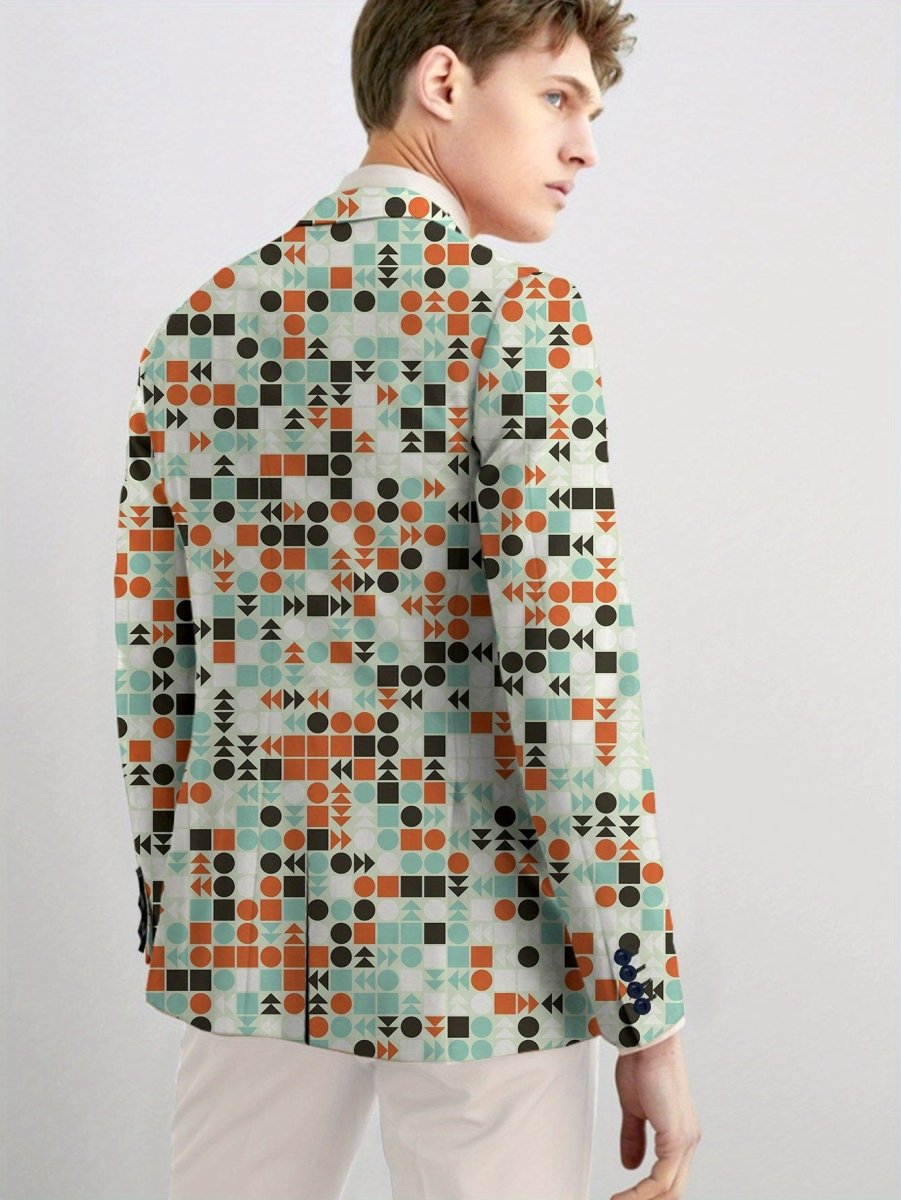 SHOWLU FASHION men's slim fit blazer with vibrant geometric print, featuring buttoned lapels in orange, green, and blue polyester fabric.