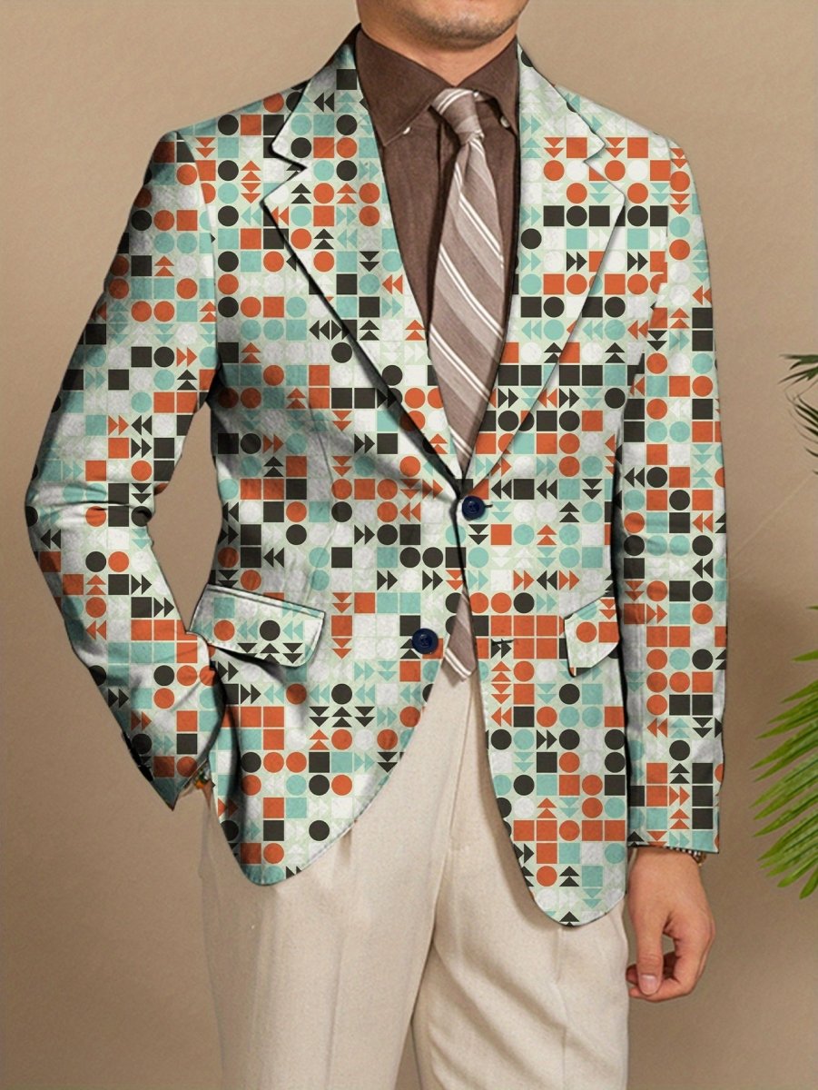 [Office Perfect] Men's Slim Fit Geometric Print Blazer - Stylish Casual Suit Jacket with Buttoned Lapels, Vibrant Abstract Pattern in Orange, Green & Blue, Lightweight Polyester Fabric for Business or Formal Occasions - SHOWLU FASHION STORE