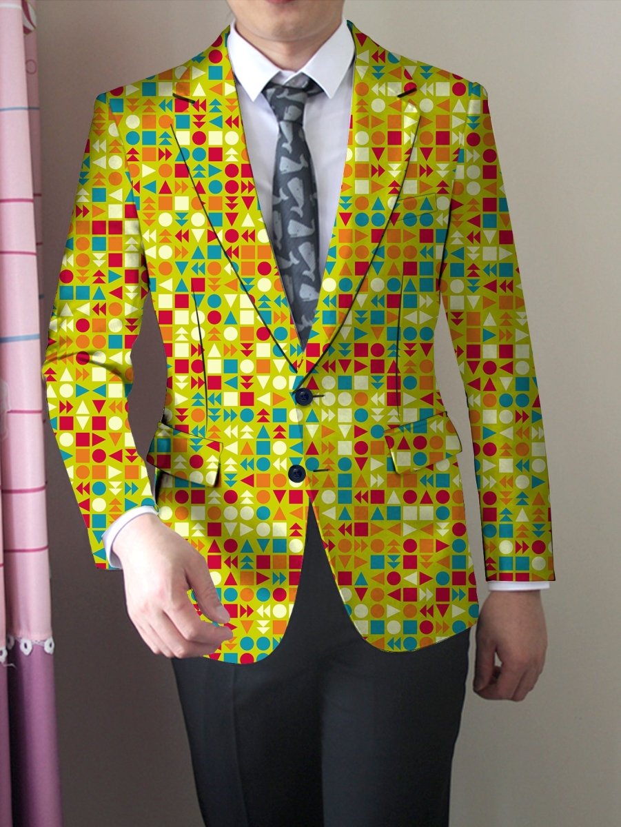 SHOWLU FASHION men's slim fit blazer with geometric print, vibrant abstract pattern, button lapels, lightweight polyester jacket for office style
