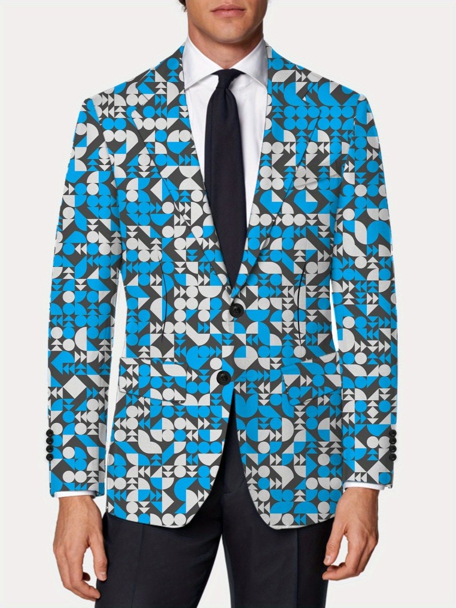 Men's slim fit blazer by SHOWLU FASHION with geometric print, vibrant abstract pattern, buttoned lapels, lightweight polyester jacket.