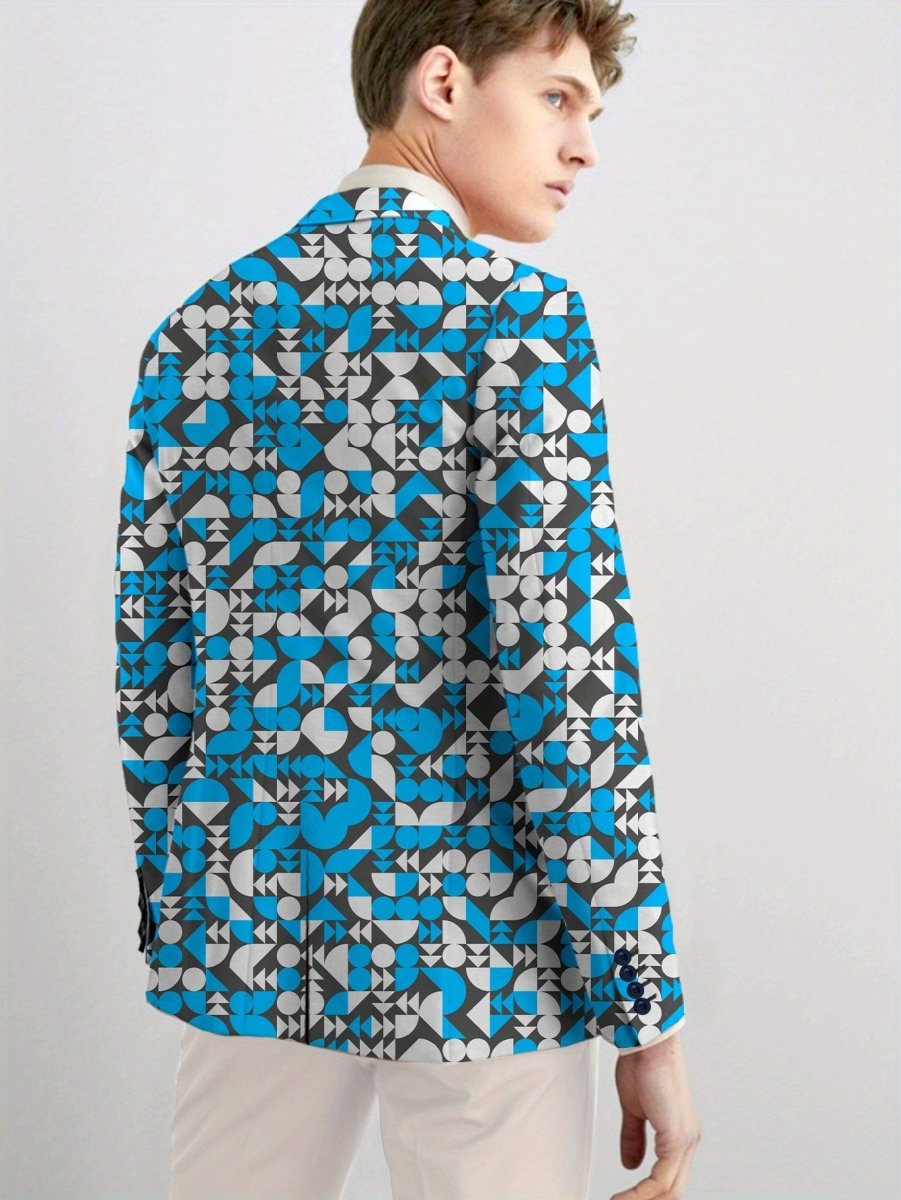 Men's slim fit blazer by SHOWLU FASHION with vibrant geometric print, lightweight polyester fabric, buttoned lapels, in orange, green, and blue.