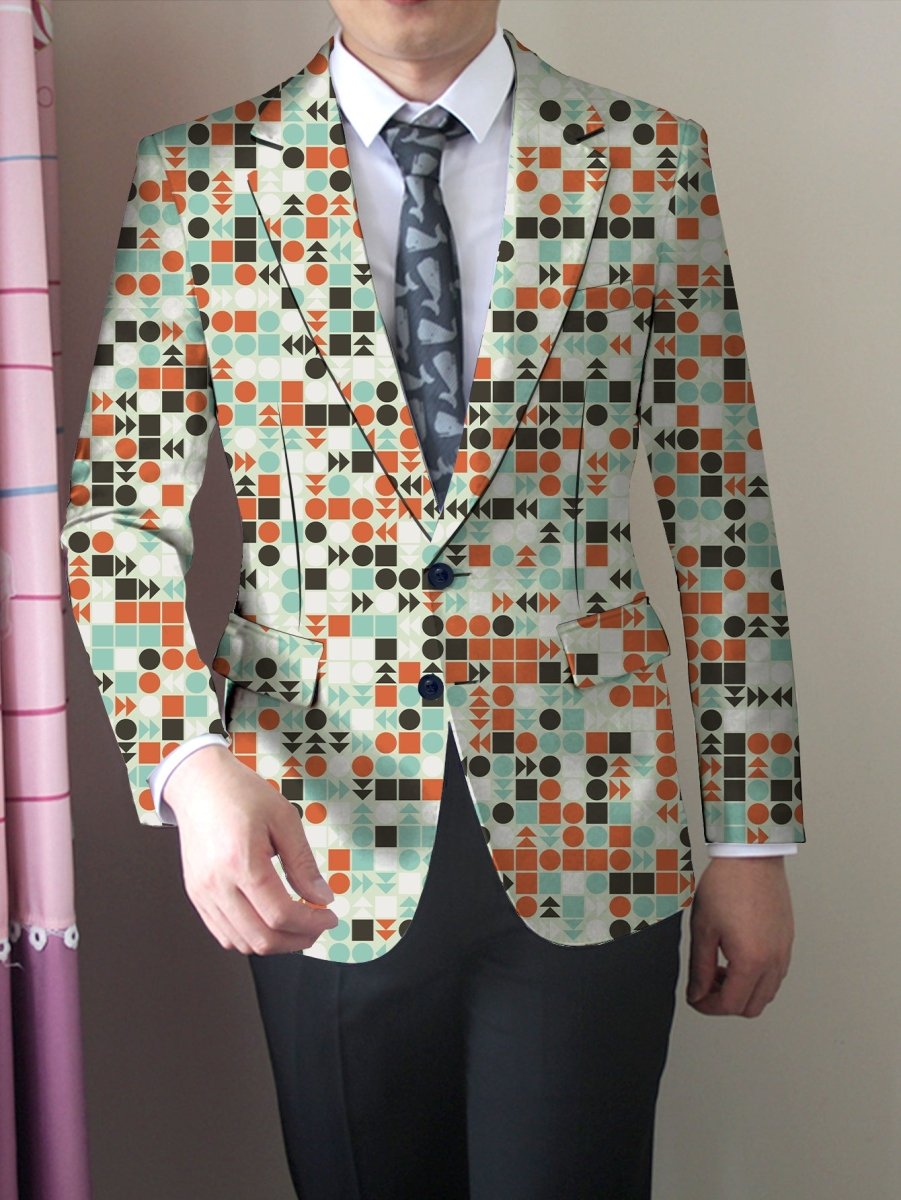 Men's SHOWLU FASHION slim fit blazer with geometric abstract pattern in orange, green, and blue, featuring buttoned lapels and lightweight fabric.