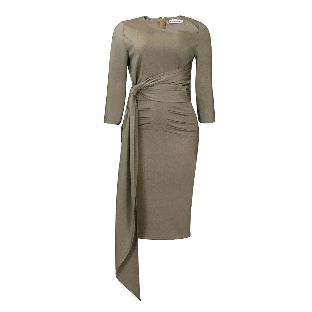 Showlu Fashion women's sexy nude long sleeve midi pencil dress with slash collar, perfect for stylish occasions.