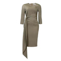 Showlu Fashion women's sexy nude long sleeve midi pencil dress with slash collar, perfect for stylish occasions.