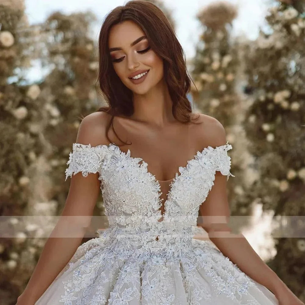 Elegant On Zhu Ball Gown wedding dress with lace beaded appliques, off-the-shoulder design, sweetheart neckline, by Showlu Fashion Store.