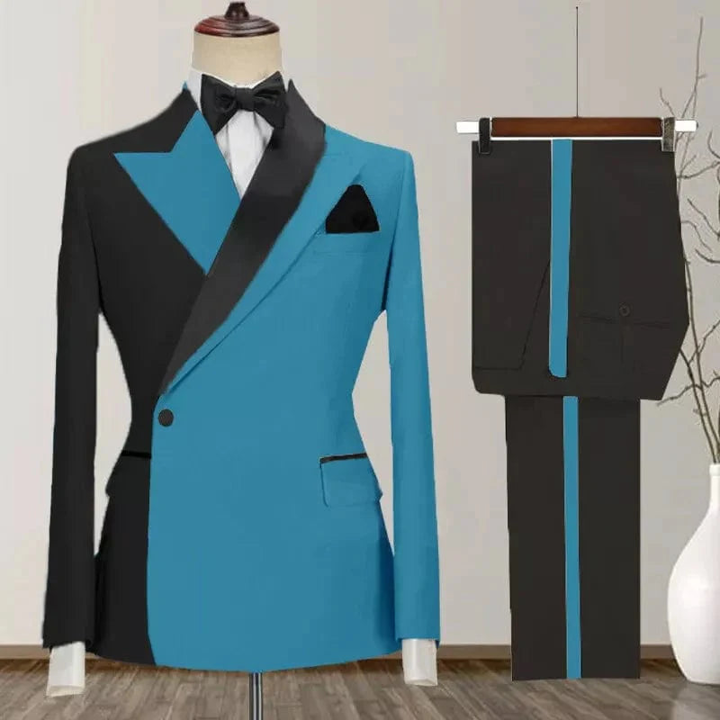 SHOWLU Men's 2-Piece Skinny Fit Suit with peak lapel and one-button tuxedo jacket, paired with matching pants for formal occasions.