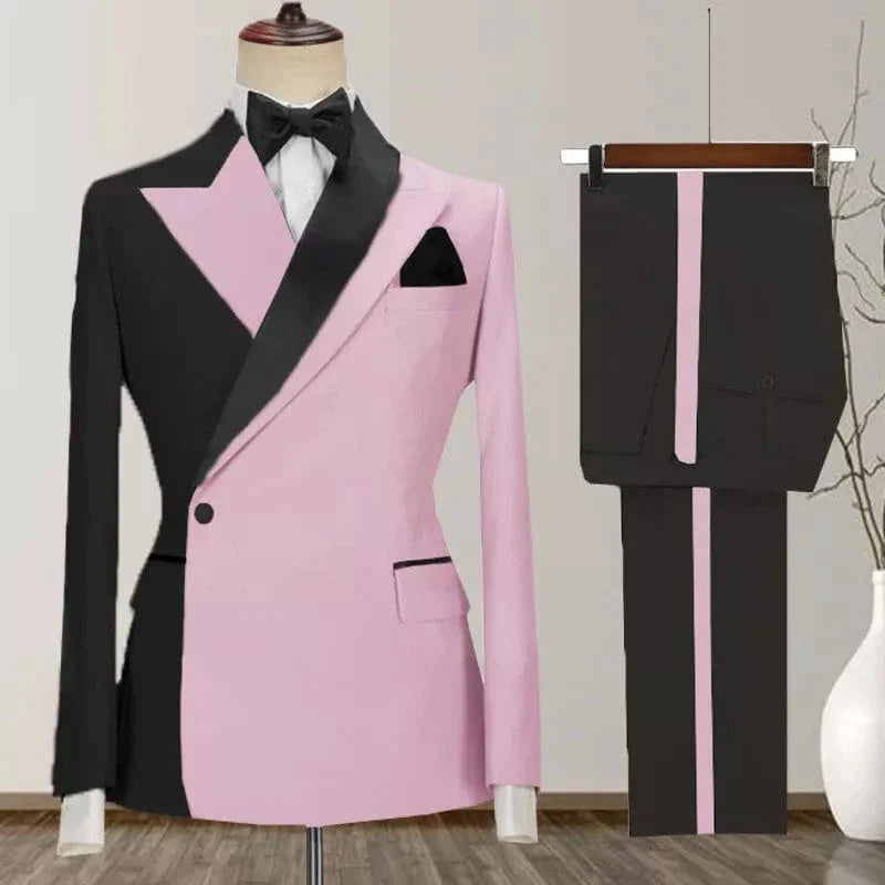 SHOWLU Men's 2-Piece Skinny Fit Suit with peak lapel and one-button tuxedo jacket, paired with matching trousers for formal occasions.