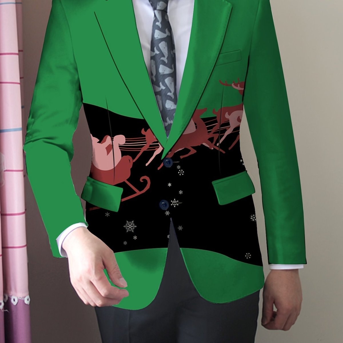 SHOWLU FASHION men's slim-fit blazer with cartoon print, long sleeves, button details, suitable for casual or formal wear.