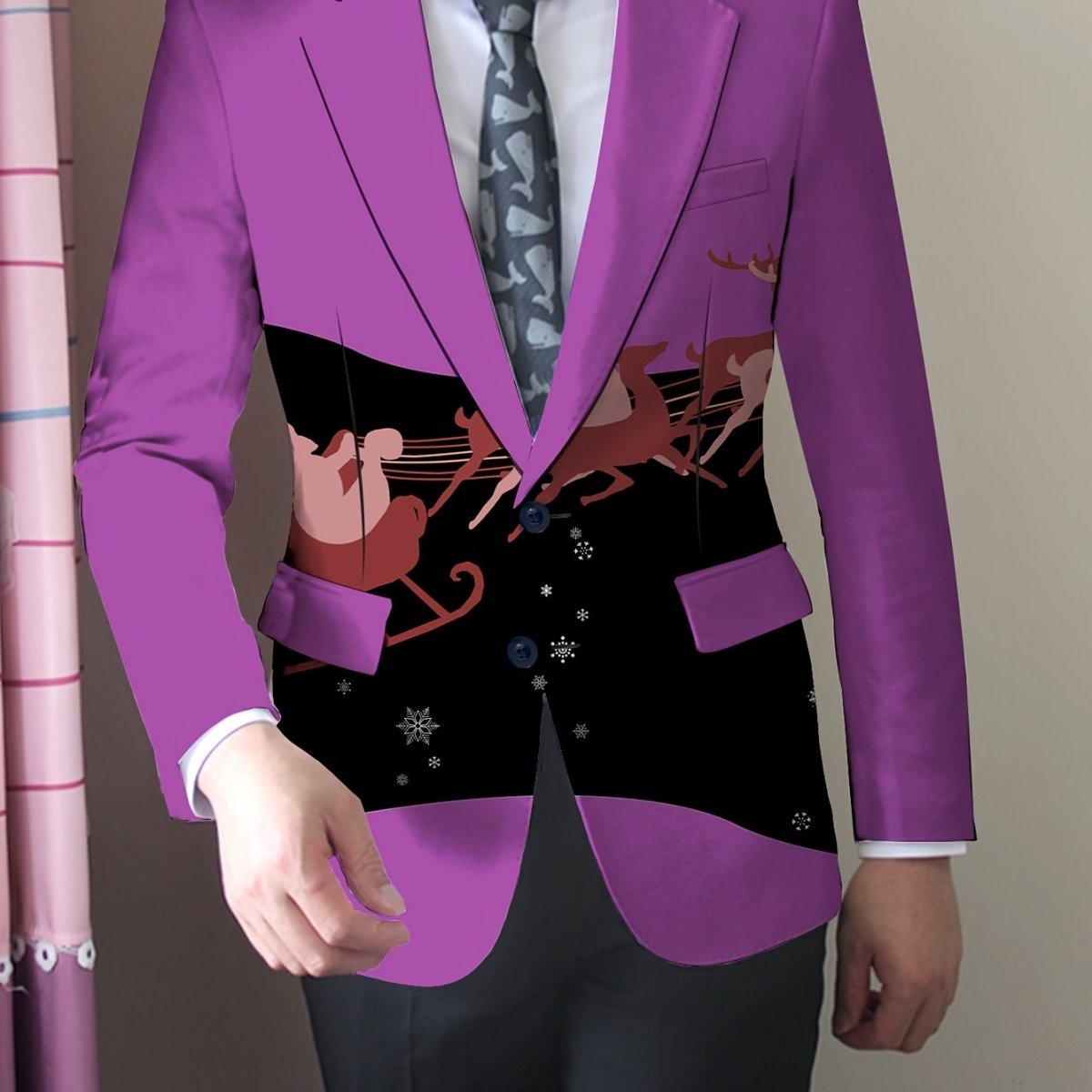 SHOWLU FASHION men's slim-fit blazer with colorful cartoon print, long sleeves, button details, suitable for casual or formal wear.