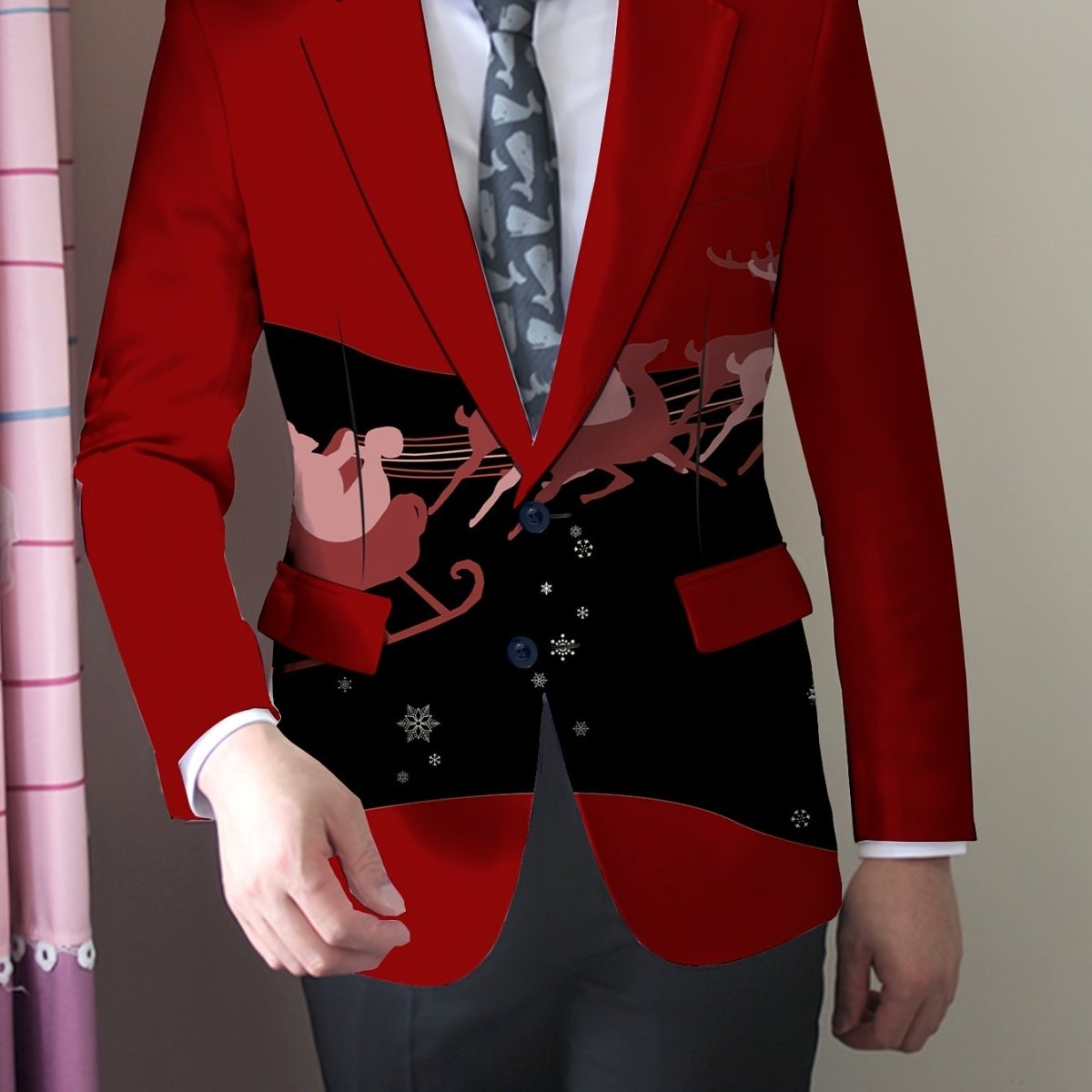 SHOWLU FASHION men's slim-fit blazer with colorful cartoon print, long sleeves, button detail, suitable for casual or formal wear.