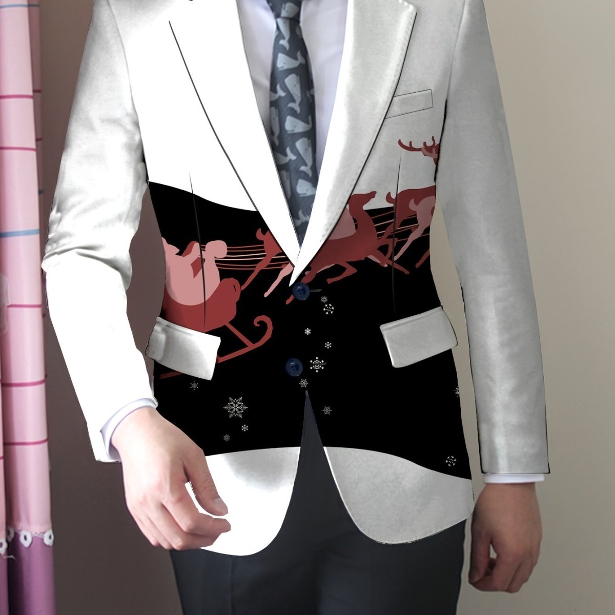SHOWLU FASHION men's slim-fit blazer with colorful cartoon print, long sleeves, button details, suitable for casual or formal wear.
