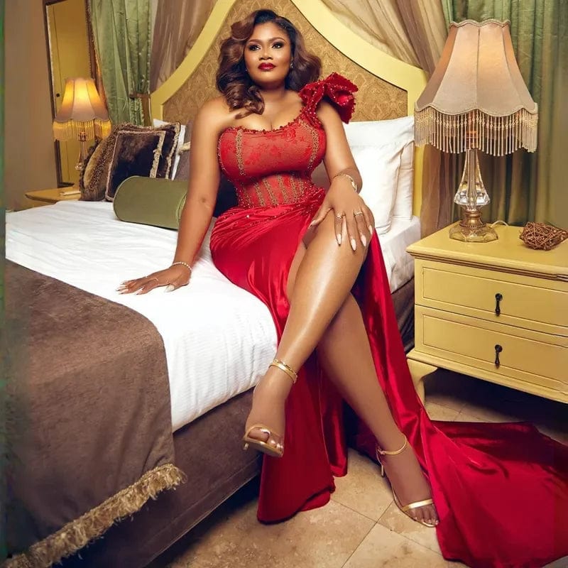 Elegant red satin mermaid prom dress by SHOWLU FASHION STORE, one shoulder design with high slit for formal events and special occasions.