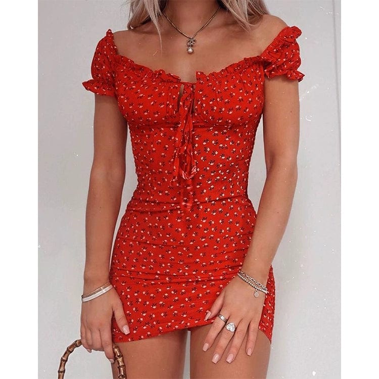 Showlu Fashion women's sexy one-word neck tube top dress, mid-length, high waist, form-fitting style for casual or night out wear.