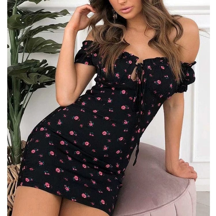 Showlu Fashion women's sexy one-word neck tube top dress, high-waist, mid-length style, suitable for stylish summer wear.