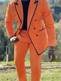 Orange men's 2-piece slim fit wool blend suit with peaked lapel, tailored blazer, and matching trousers for formal occasions.