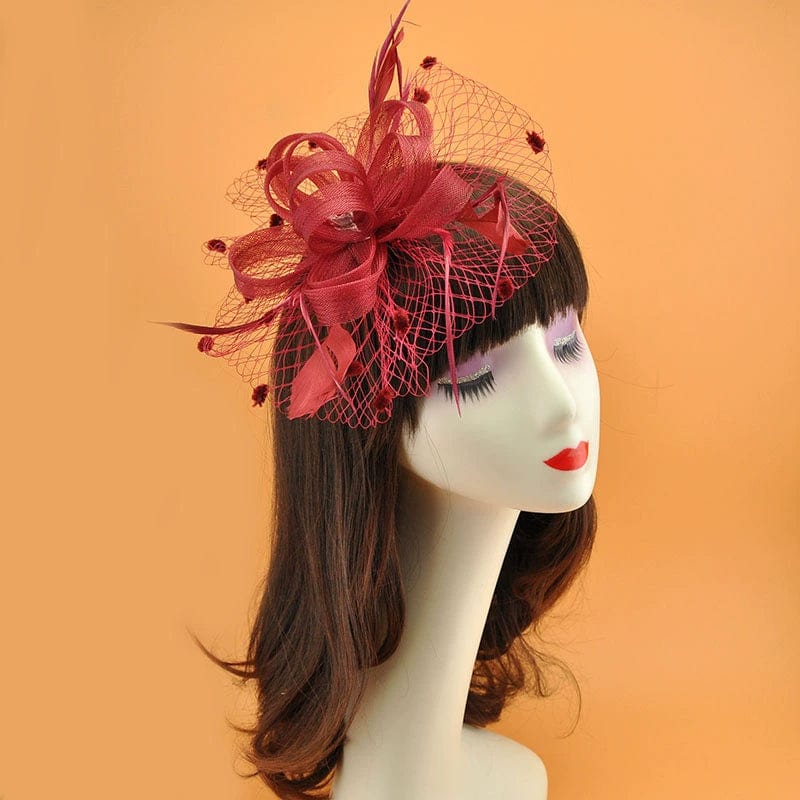 Royal blue vintage feather veil hair clip with mesh flower fascinator, featuring a feathered design and elegant decorative details.