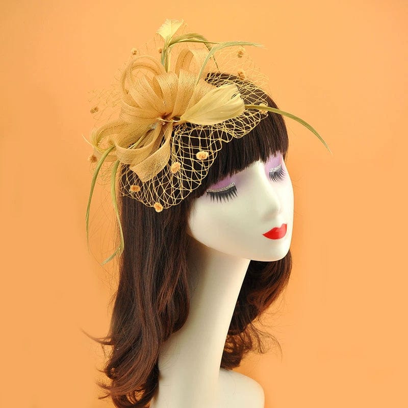Royal blue vintage feather veil hair clip with mesh flower fascinator, featuring elegant feather and decorative details.