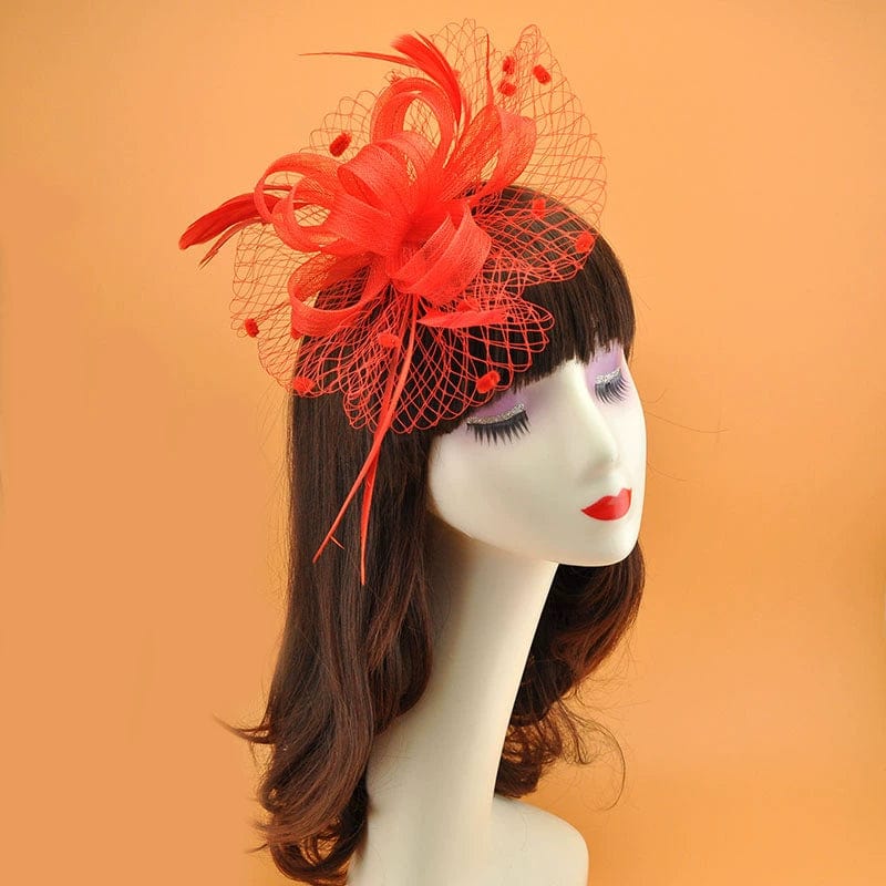 Royal blue vintage feather veil hair clip with mesh flower fascinator, featuring elegant feather details and a classic design.