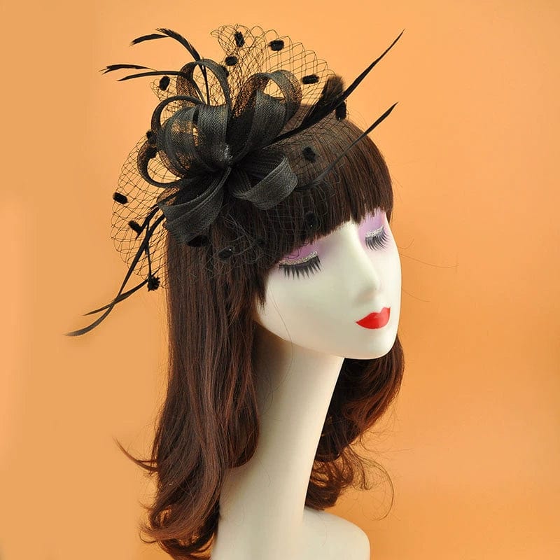 Royal blue vintage feather veil hair clip with mesh flower fascinator and feather details, perfect for elegant hairstyles.