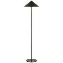 A minimalist floor lamp with a thin metal pole, a round base, and a wide conical shade.