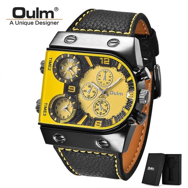 Oulm men's multi-time zone military sport watch with leather strap and quartz movement, showcasing a rugged, tactical design.