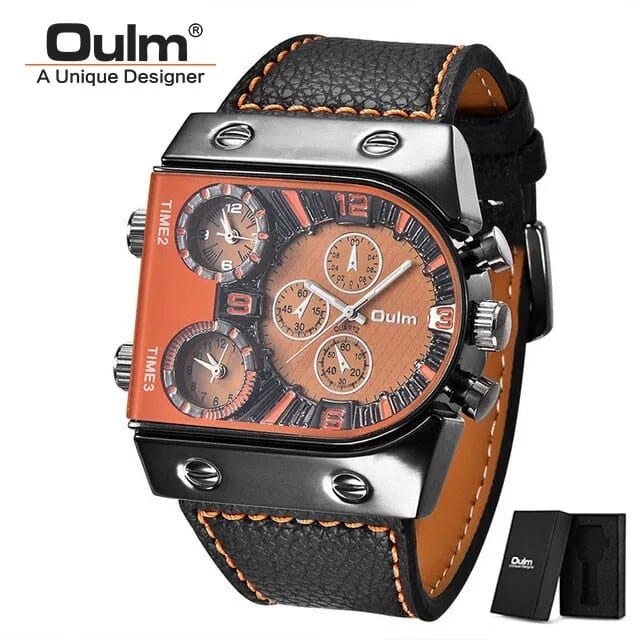 Oulm men's multi-time zone military sport watch with leather strap and quartz movement, casual style for active wear.