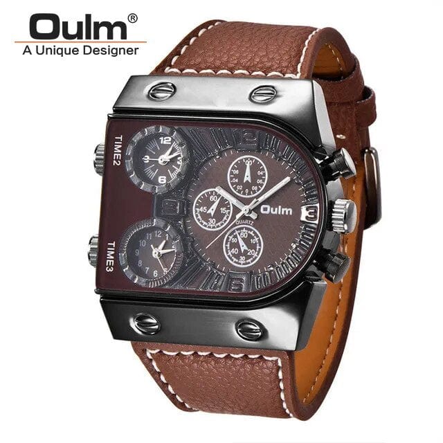 Oulm men's multi-time zone military sport watch with leather strap and quartz movement, suitable for casual and outdoor wear