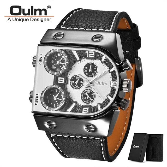 Oulm men's multi-time zone military sport watch with leather strap and quartz movement, showing multiple time zones on the dial.