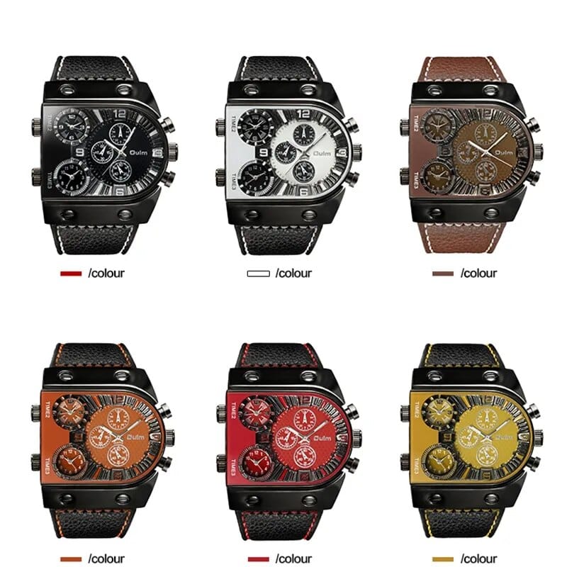 Oulm men's multi-time zone military sport watch with leather strap and quartz movement, shown on a wrist with a rugged style