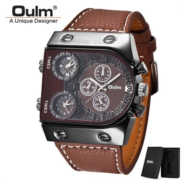 Oulm men's military sport watch with leather strap displaying multiple time zones and quartz movement on a wrist.