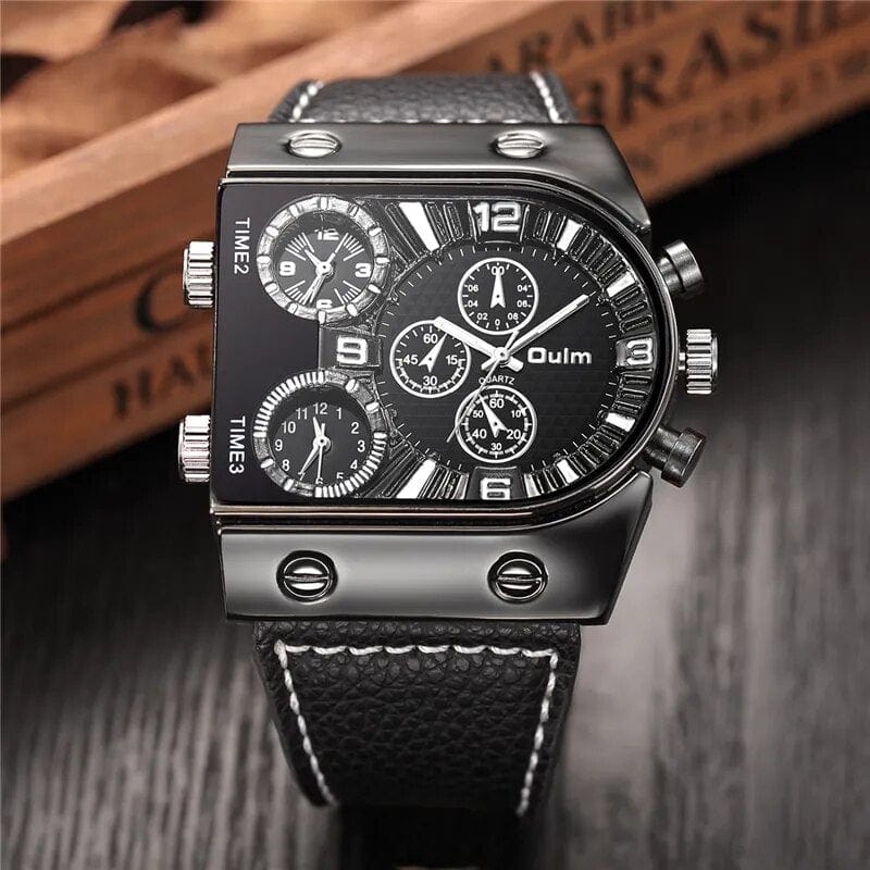 Oulm men's military sport watch with leather strap, quartz movement, multi-time zone display, casual and rugged design.