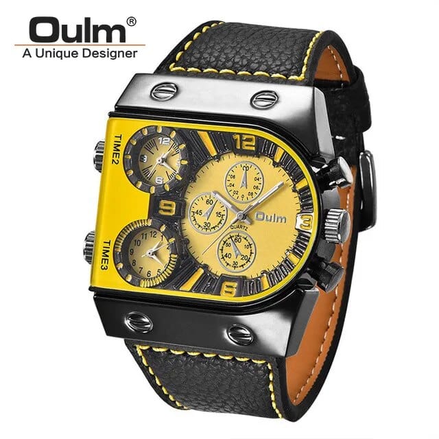 Oulm men's multi-time zone military sport watch with leather strap and quartz movement, suitable for casual and outdoor wear.