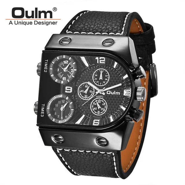 Oulm men's military sport watch with multi-time zone display, leather strap, quartz movement, casual style, and rugged design.