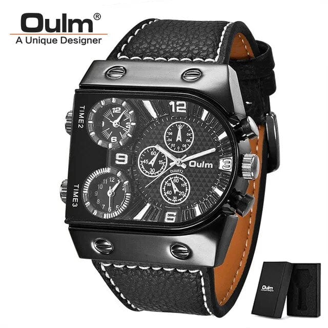 Oulm men's multi-time zone military sport watch with leather strap and quartz movement, casual and rugged design.