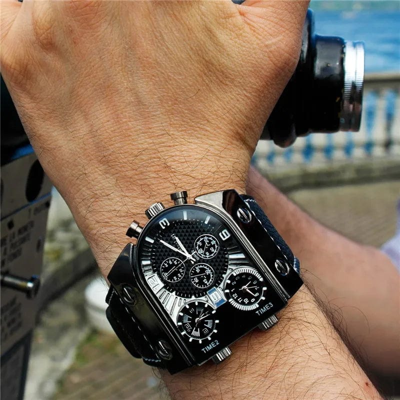 Oulm men's military sport watch with multi-time zone display, leather strap, quartz movement, casual style, suitable for outdoor activities