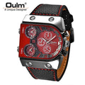 Oulm men's multi-time zone military sport watch with leather strap and quartz movement, displayed on a wrist.