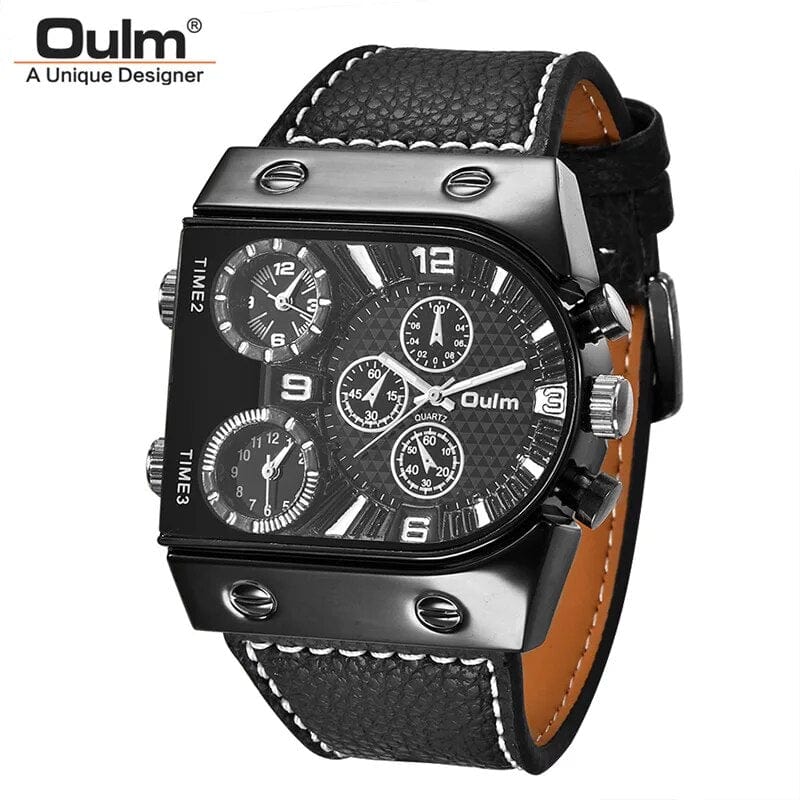 Oulm men's multi-time zone military sport watch with leather strap and quartz movement, showing multiple time zones on the dial.