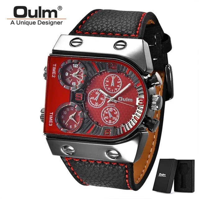 Oulm men's multi-time zone military sport watch with leather strap and quartz movement, designed for casual and active wear.