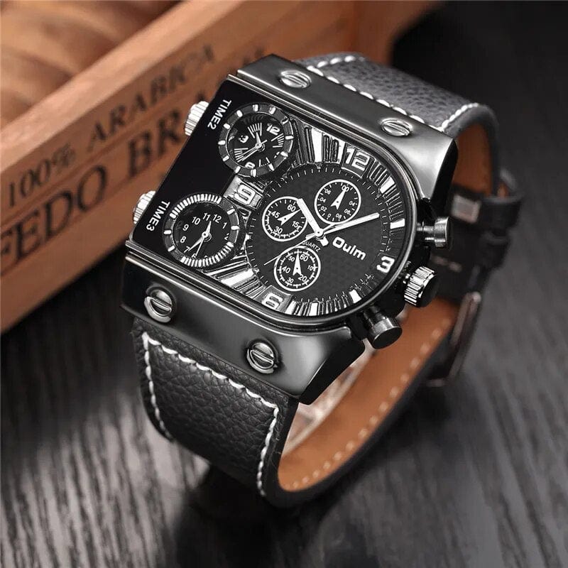 Oulm men's military sport watch with leather strap and multiple time zones, quartz movement, casual and rugged style.