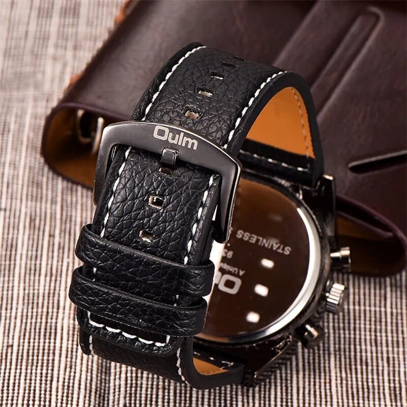 Oulm men's military sport watch with leather strap, quartz movement, multi-time zone display, casual and rugged design.