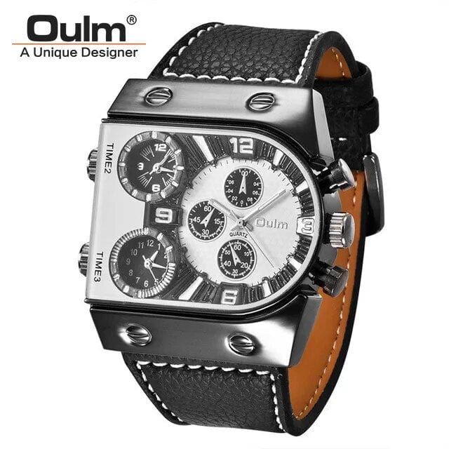 Oulm men's multi-time zone military sport watch with leather strap and quartz movement, featuring a casual design and multiple dials.