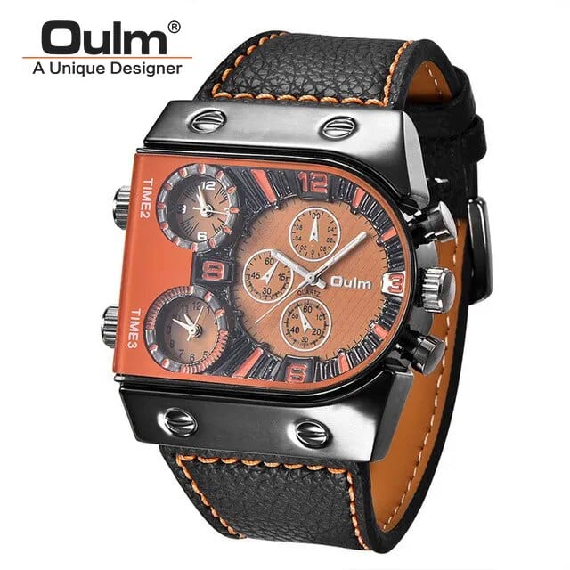 Oulm men's military sport watch with multi-time zone display, leather strap, quartz movement, casual style, suitable for active wear.