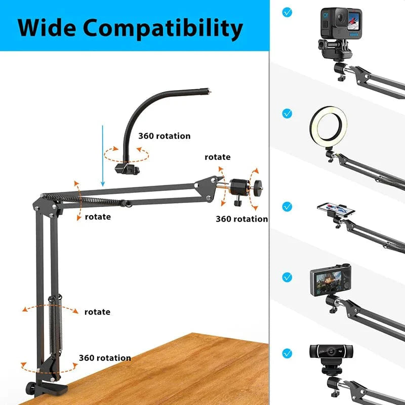 Showlu Fashion LS overhead tripod with ring light, aluminum desktop phone mount for video recording and streaming.