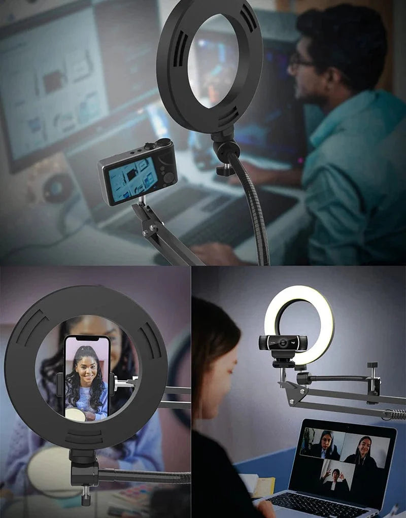 Showlu Fashion LS overhead tripod with ring light and phone mount, ideal for desktop video recording and filming.