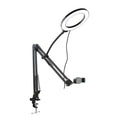 Aluminum LS overhead tripod with ring light and desktop phone mount, ideal for video shooting and mobile recording.