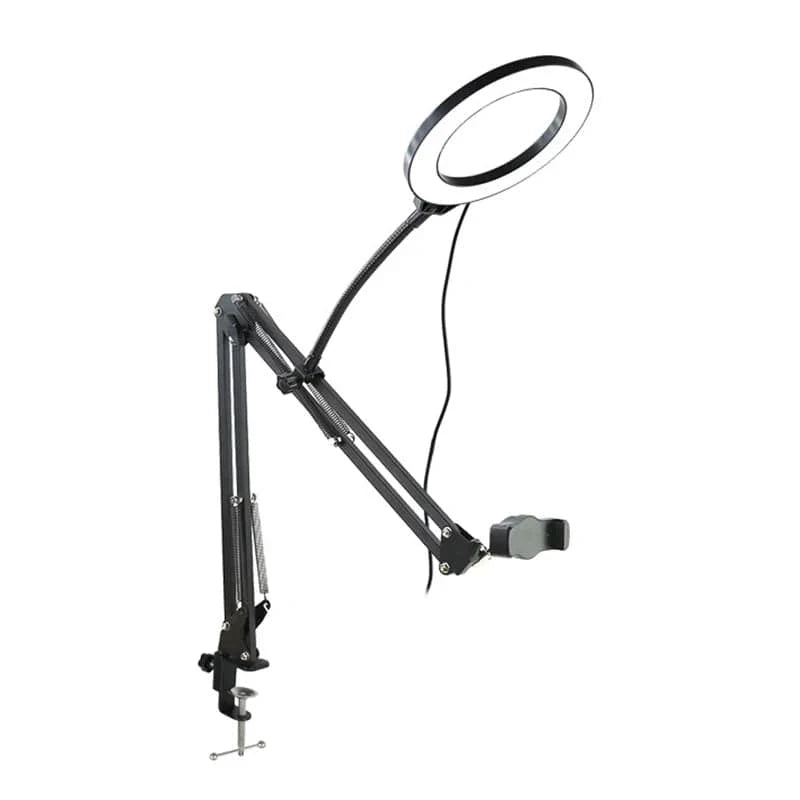 Aluminum LS overhead tripod with ring light and desktop phone mount, ideal for video shooting and mobile recording.